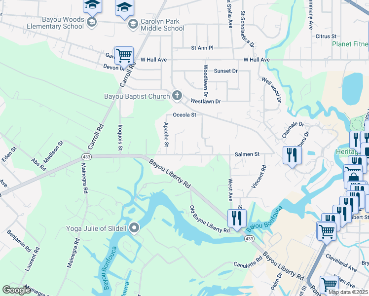 map of restaurants, bars, coffee shops, grocery stores, and more near 36282 Salmen Street in Slidell