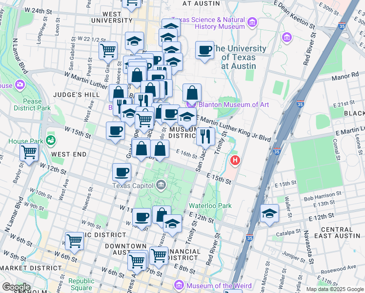 map of restaurants, bars, coffee shops, grocery stores, and more near in Austin