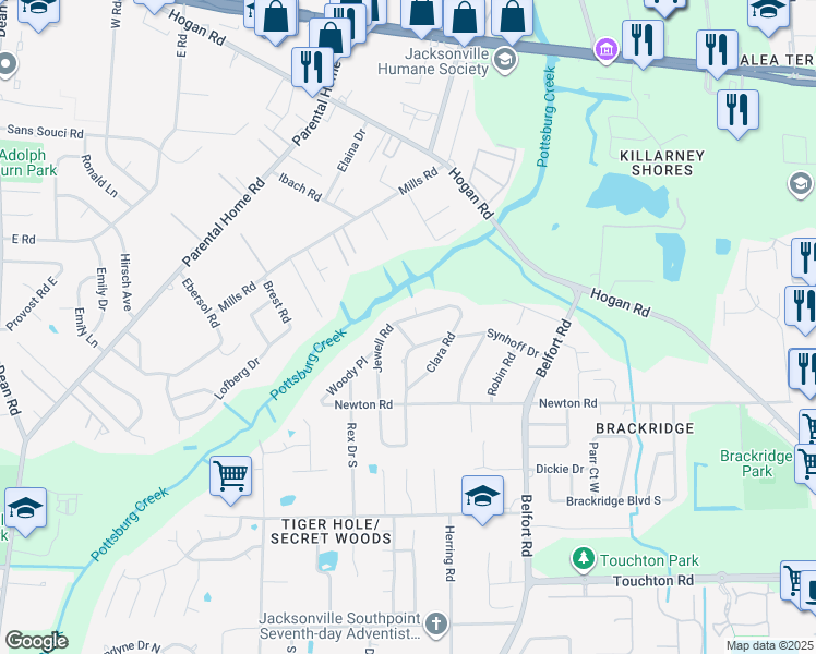 map of restaurants, bars, coffee shops, grocery stores, and more near 2734 Synhoff Drive West in Jacksonville