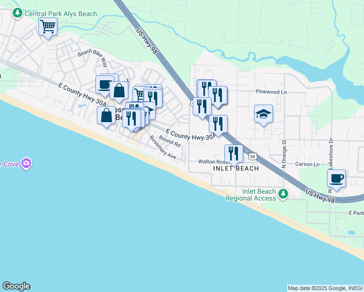 map of restaurants, bars, coffee shops, grocery stores, and more near 80 Round Rd in Panama City Beach