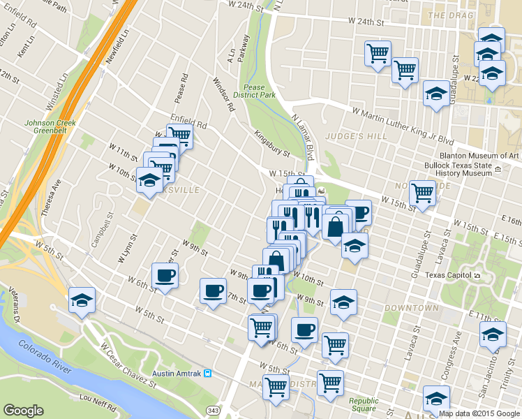 map of restaurants, bars, coffee shops, grocery stores, and more near 1202 Castle Hill Street in Austin