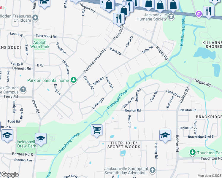 map of restaurants, bars, coffee shops, grocery stores, and more near 2414 Lofberg Drive in Jacksonville
