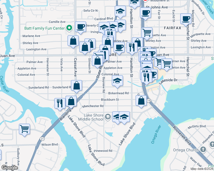 map of restaurants, bars, coffee shops, grocery stores, and more near 2263 Bayview Road in Jacksonville