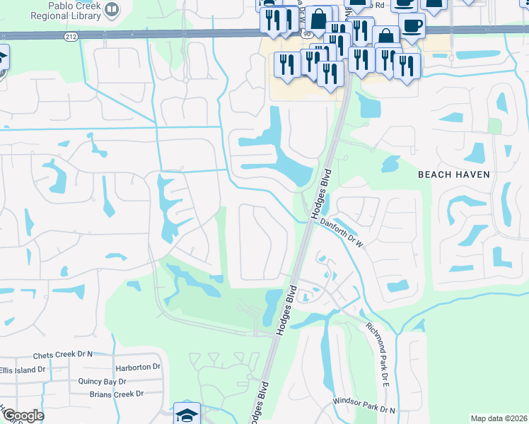 map of restaurants, bars, coffee shops, grocery stores, and more near 3750 Valverde Circle in Jacksonville