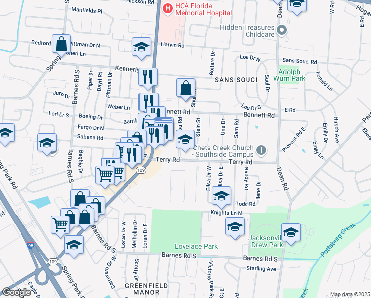 map of restaurants, bars, coffee shops, grocery stores, and more near 6211 Terry Road in Jacksonville
