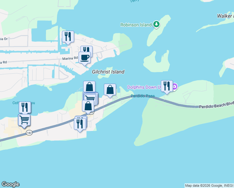 map of restaurants, bars, coffee shops, grocery stores, and more near 27501 Perdido Beach Boulevard in Orange Beach