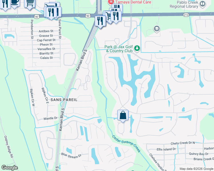 map of restaurants, bars, coffee shops, grocery stores, and more near 3844 Biggin Church Road West in Jacksonville
