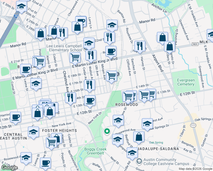 map of restaurants, bars, coffee shops, grocery stores, and more near 1405 Ulit Avenue in Austin