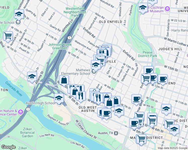 map of restaurants, bars, coffee shops, grocery stores, and more near 900 West Lynn Street in Austin