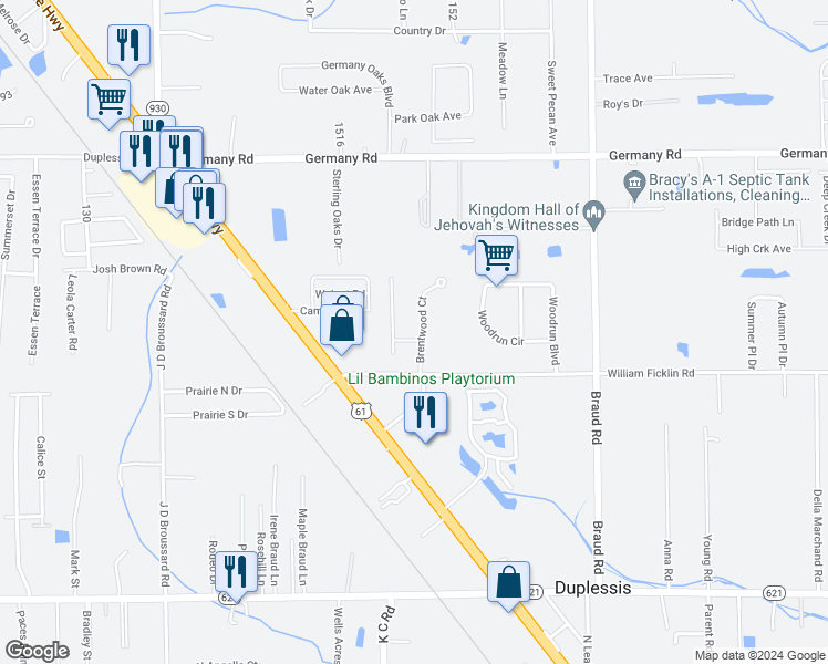 map of restaurants, bars, coffee shops, grocery stores, and more near 14323 Brentwood Court in Gonzales
