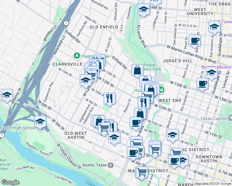 map of restaurants, bars, coffee shops, grocery stores, and more near 1302 West 10th Street in Austin