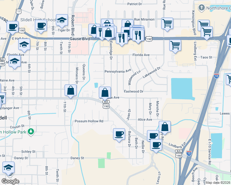 map of restaurants, bars, coffee shops, grocery stores, and more near 1449 Fremaux Avenue in Slidell
