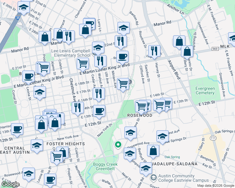 map of restaurants, bars, coffee shops, grocery stores, and more near 1405 Ulit Avenue in Austin