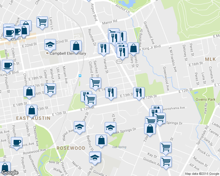 map of restaurants, bars, coffee shops, grocery stores, and more near Harvey Street in Austin