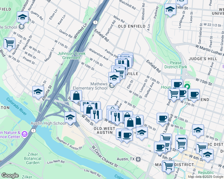 map of restaurants, bars, coffee shops, grocery stores, and more near 906 West Lynn Street in Austin