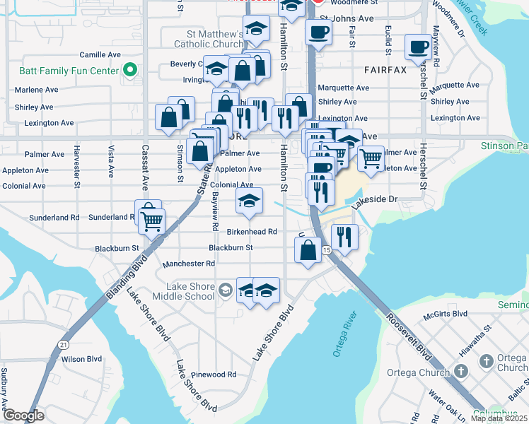 map of restaurants, bars, coffee shops, grocery stores, and more near 4535 Sunderland Road in Jacksonville