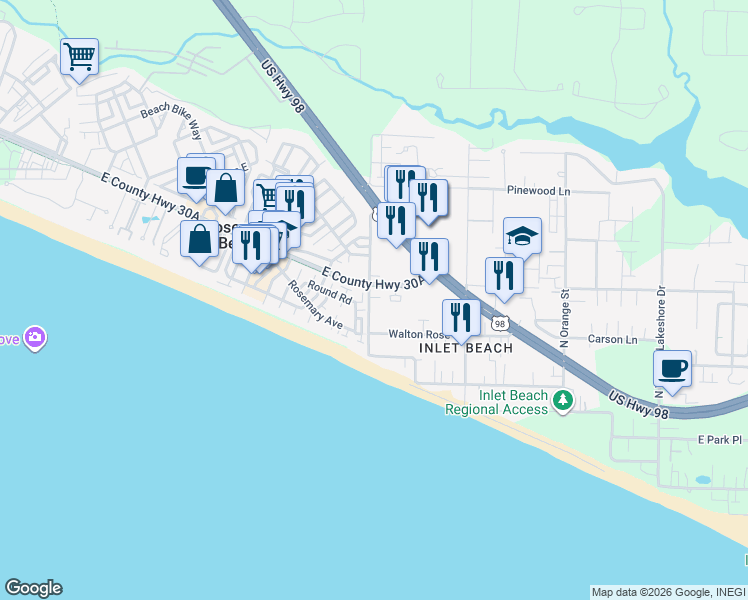 map of restaurants, bars, coffee shops, grocery stores, and more near 41 Winston Lane in Panama City Beach