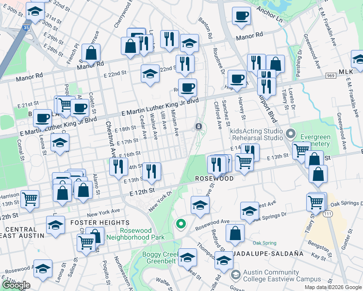 map of restaurants, bars, coffee shops, grocery stores, and more near 1601 Miriam Avenue in Austin