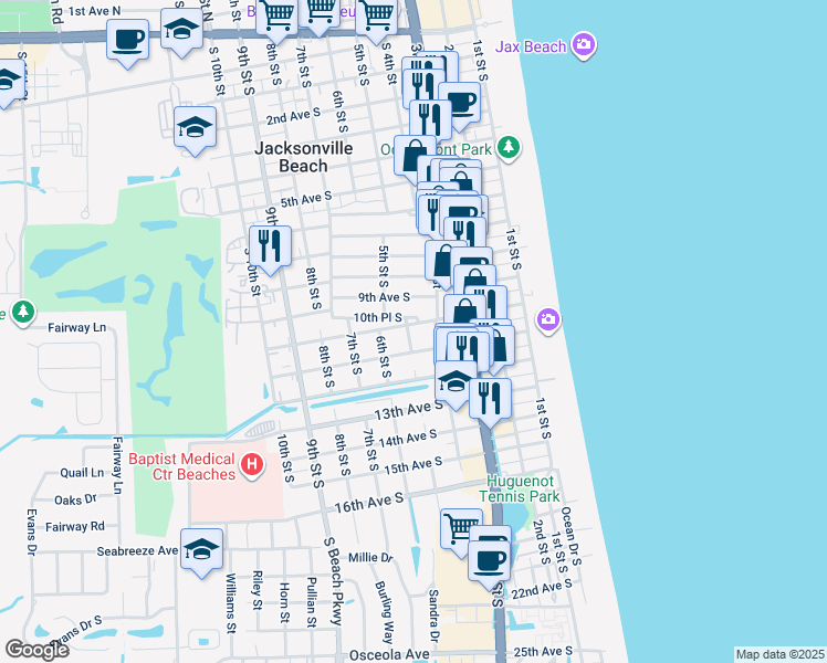 map of restaurants, bars, coffee shops, grocery stores, and more near 484 10th Avenue South in Jacksonville Beach