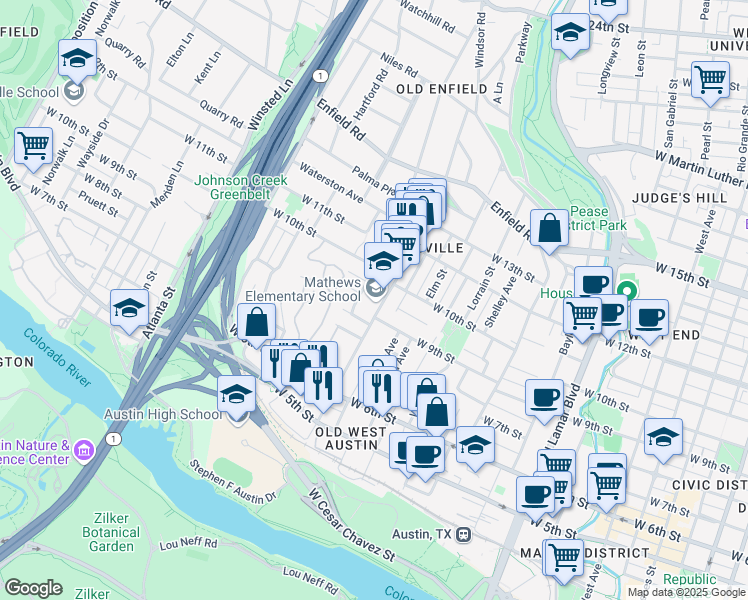map of restaurants, bars, coffee shops, grocery stores, and more near 906 West Lynn Street in Austin