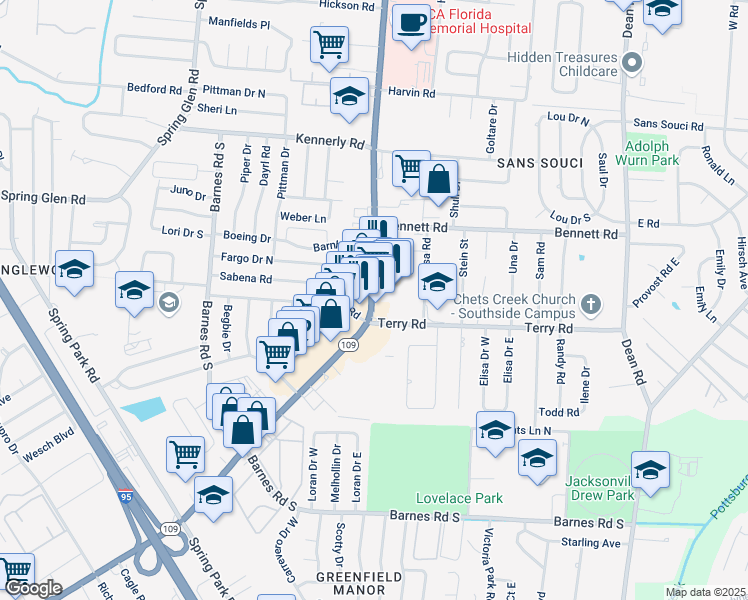 map of restaurants, bars, coffee shops, grocery stores, and more near 4335 University Boulevard South in Jacksonville