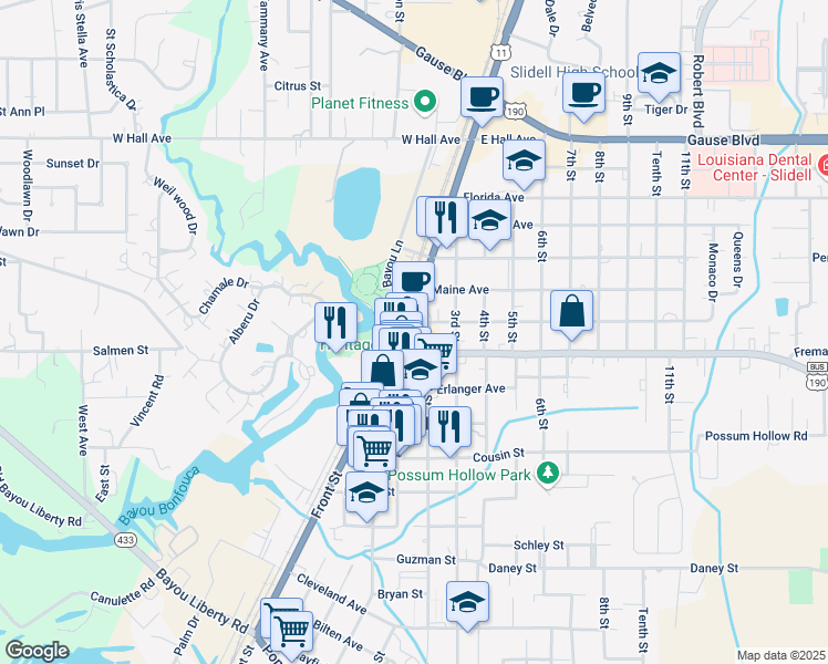 map of restaurants, bars, coffee shops, grocery stores, and more near 1827 Front Street in Slidell