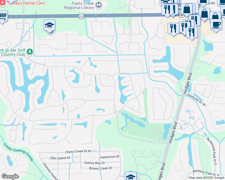 map of restaurants, bars, coffee shops, grocery stores, and more near 3755 Hunt Club Road North in Jacksonville