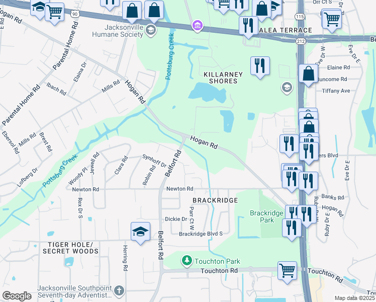 map of restaurants, bars, coffee shops, grocery stores, and more near 8709 Hogan Road in Jacksonville