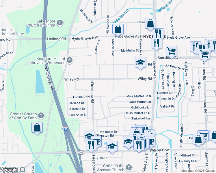 map of restaurants, bars, coffee shops, grocery stores, and more near 7008 Wiley Road in Jacksonville
