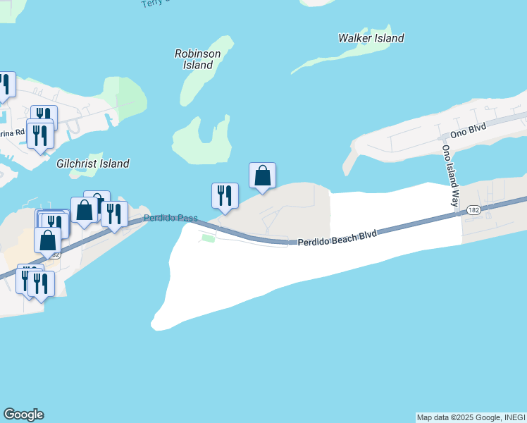 map of restaurants, bars, coffee shops, grocery stores, and more near in Orange Beach