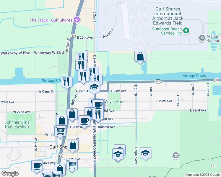 map of restaurants, bars, coffee shops, grocery stores, and more near 403 Alabama 180 in Gulf Shores