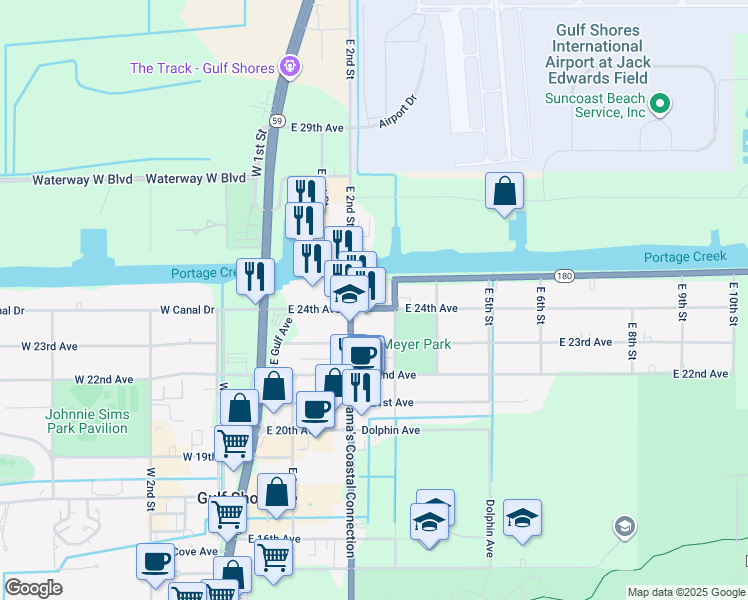 map of restaurants, bars, coffee shops, grocery stores, and more near 325 Alabama 180 in Gulf Shores