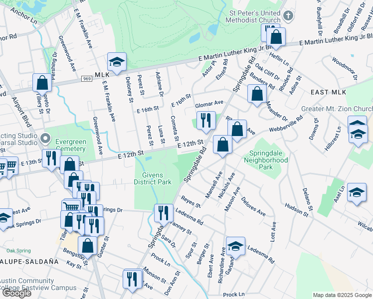 map of restaurants, bars, coffee shops, grocery stores, and more near 4106 East 12th Street in Austin