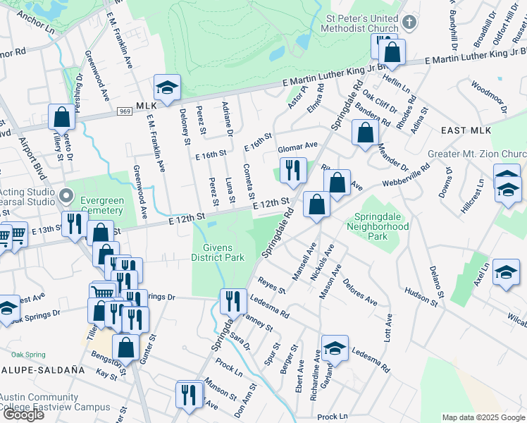 map of restaurants, bars, coffee shops, grocery stores, and more near 4106 East 12th Street in Austin