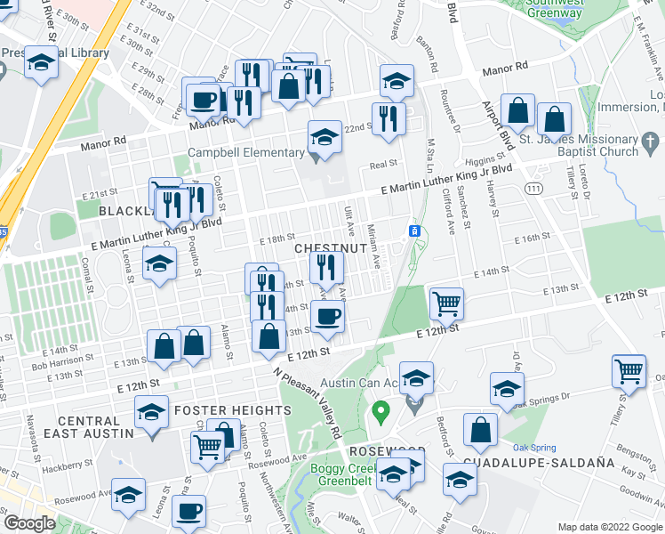 map of restaurants, bars, coffee shops, grocery stores, and more near 1700 Walnut Avenue in Austin