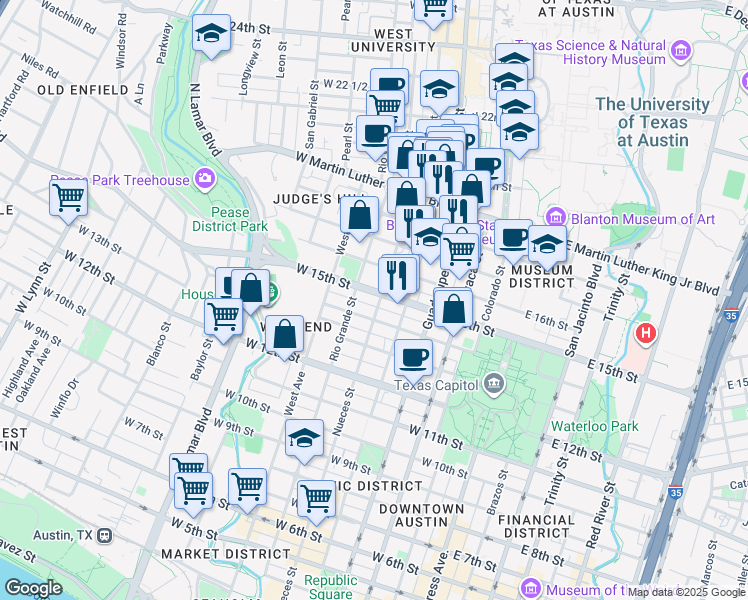 map of restaurants, bars, coffee shops, grocery stores, and more near 1712 Rio Grande Street in Austin