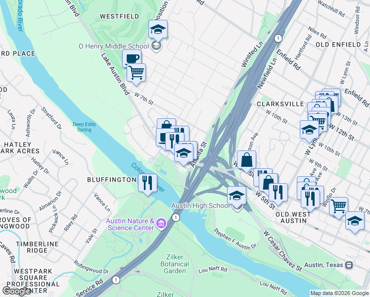 map of restaurants, bars, coffee shops, grocery stores, and more near 601 Deep Eddy Avenue in Austin