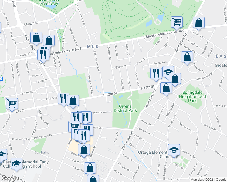 map of restaurants, bars, coffee shops, grocery stores, and more near 3706 East 12th Street in Austin