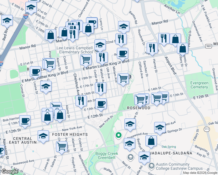 map of restaurants, bars, coffee shops, grocery stores, and more near 1612 Miriam Avenue in Austin