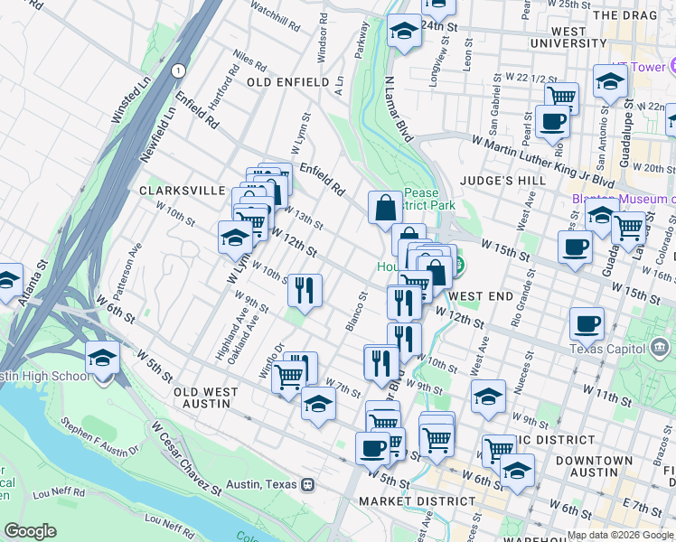 map of restaurants, bars, coffee shops, grocery stores, and more near 1018 Shelley Avenue in Austin