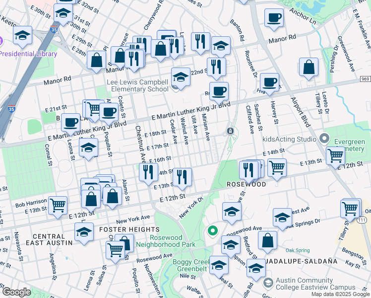 map of restaurants, bars, coffee shops, grocery stores, and more near 1604 Walnut Avenue in Austin