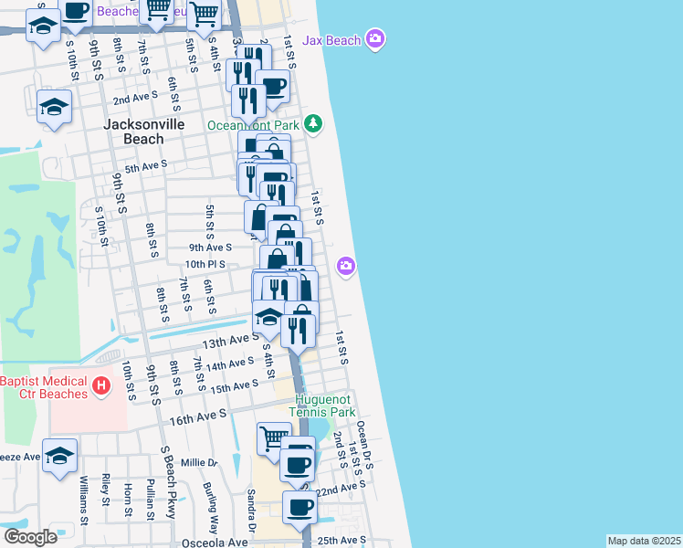 map of restaurants, bars, coffee shops, grocery stores, and more near 1031 Ocean Front South in Jacksonville Beach