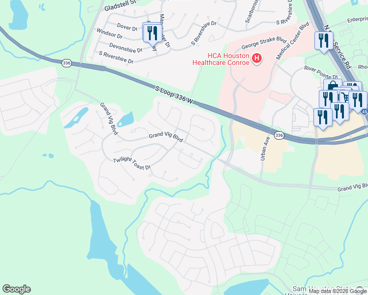 map of restaurants, bars, coffee shops, grocery stores, and more near 307 Trillium Park Loop in Conroe