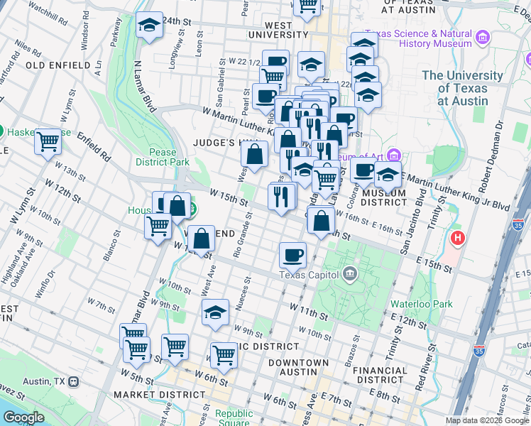 map of restaurants, bars, coffee shops, grocery stores, and more near 605 West 15th Street in Austin