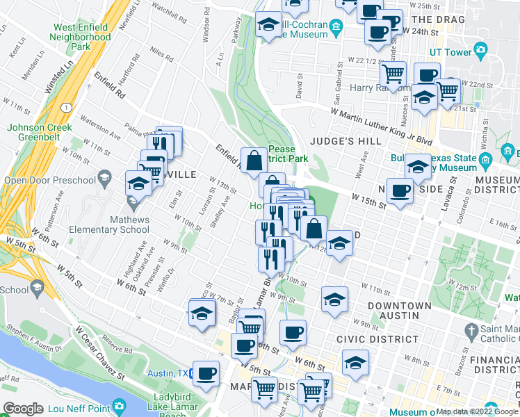 map of restaurants, bars, coffee shops, grocery stores, and more near Castle Hill Street in Austin