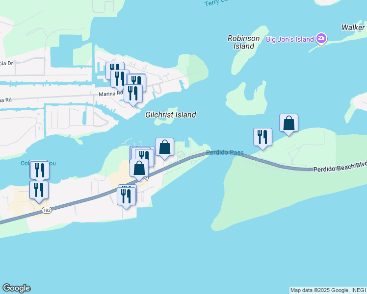 map of restaurants, bars, coffee shops, grocery stores, and more near 27501 Perdido Beach Boulevard in Orange Beach