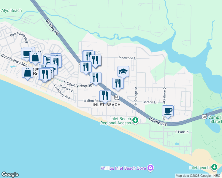 map of restaurants, bars, coffee shops, grocery stores, and more near 13123 U.S. 98 in Panama City Beach