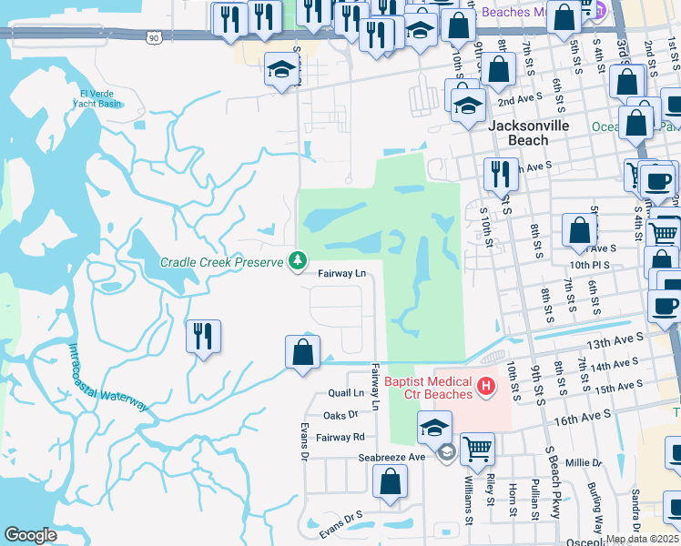 map of restaurants, bars, coffee shops, grocery stores, and more near 900 South 15th Street in Jacksonville Beach