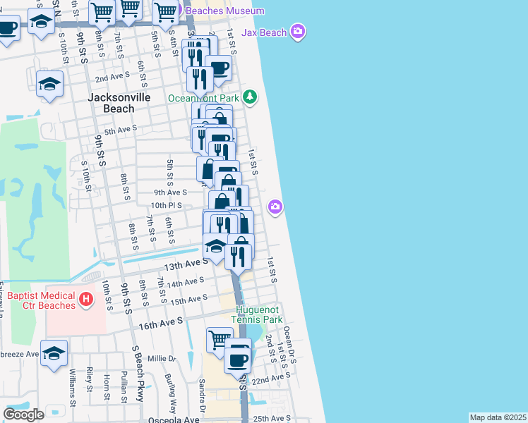 map of restaurants, bars, coffee shops, grocery stores, and more near 1031 Ocean Front South in Jacksonville Beach