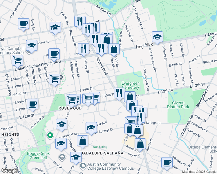 map of restaurants, bars, coffee shops, grocery stores, and more near 3102 East 14th 1/2 Street in Austin